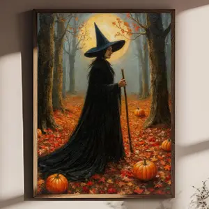 Vintage Witch Poster – Autumn Forest Moonlight Wall Art Unframed, 5 size, 8x12 to 27x40 inch