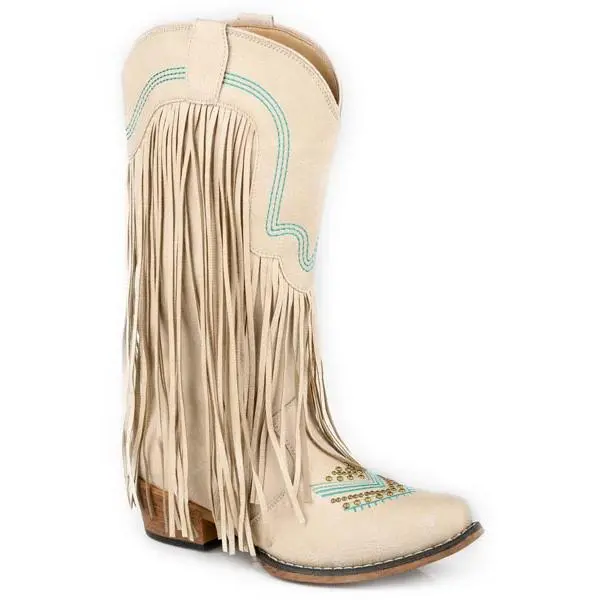 Womens Roper White Faux Leather Fringe Boot Dolly Boots