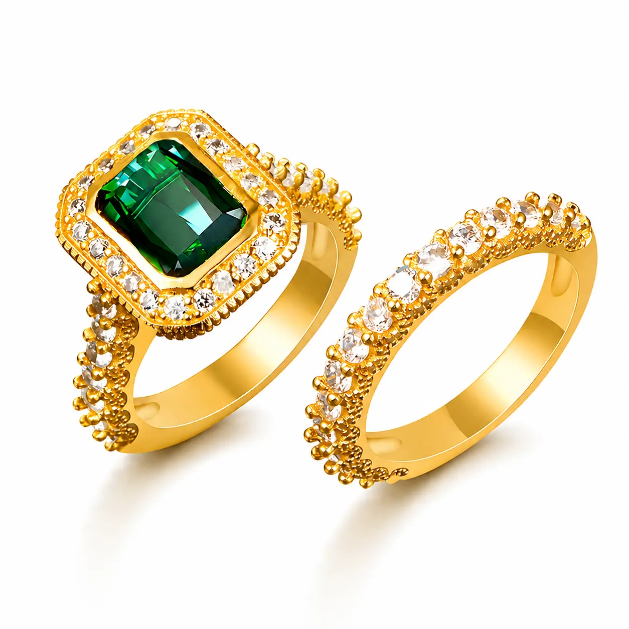 Women’s 2-Piece Emerald Ring Set, Green Cushion Cut Center Stone, Dazzling Halo Setting, S925 Silver, Elegant Engagement Jewelry wedding ring