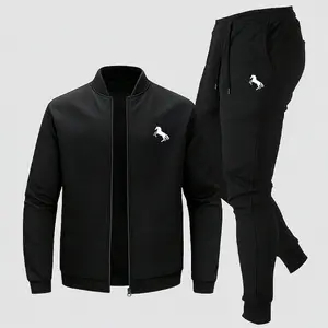 Men's Casual Fashion Set Sports Knit Zipper Long Sleeve Cardigan Jacket & Jogger Pants Set with Hors