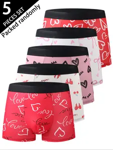 Men's Briefs Set of 5, Soft Comfortable High Elasticity Thin Mid-Waist, Trendy Heart Print Design, Mixed Colors, Heart Print Boxers