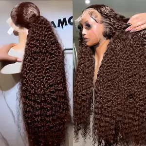 13x6 HD Deep Wave Lace Front Wigs Human Hair Colored Deep Curly Lace Frontal Wigs Glueless Wig Brown  for Women