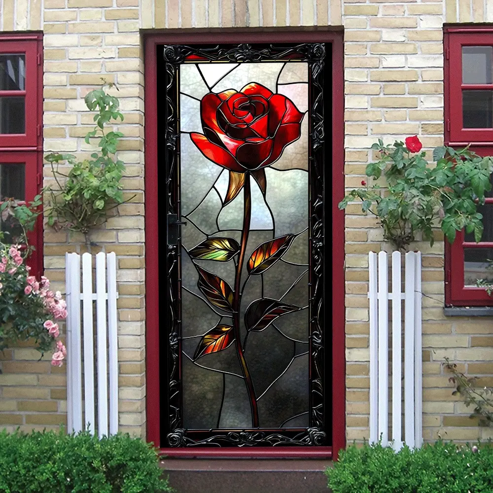 2pcs Stained Glass Red Rose Door Wall Sticker Vintage Gothic Style Decorative Mural Unique Wall Decor Self Adhesive Removable PVC Art Decal for Home Living Room Bedroom Kitchen Office Hotel Cafe Bar Decoration Floral Pattern Sticker Door Decorations