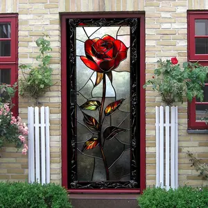 2pcs Stained Glass Red Rose Door Wall Sticker Vintage Gothic Style Decorative Mural Self Adhesive Removable PVC Art Decal for Home Living Room Bedroom Kitchen Office Hotel Cafe Bar Decoration Floral Pattern Sticker