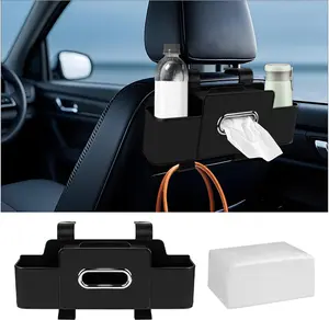 Car Seat Back Storage Organizer Box with Multiple Pockets, for Family Trip Long-distance Driving, Integrated Tissue Box Slot, 2 Cup Holders & Hanging Hooks, Multifunctional Car Interior Storage Supplies, Durable Wear Resistant Material