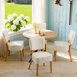 5-Piece Round Dining Table Set, Modern Small 37" Kitchen Table Chairs Set, Upholstered Stackable Dining Chairs with Metal Legs for Living Room Apartment, Space-Saving, Imitation Wood&White