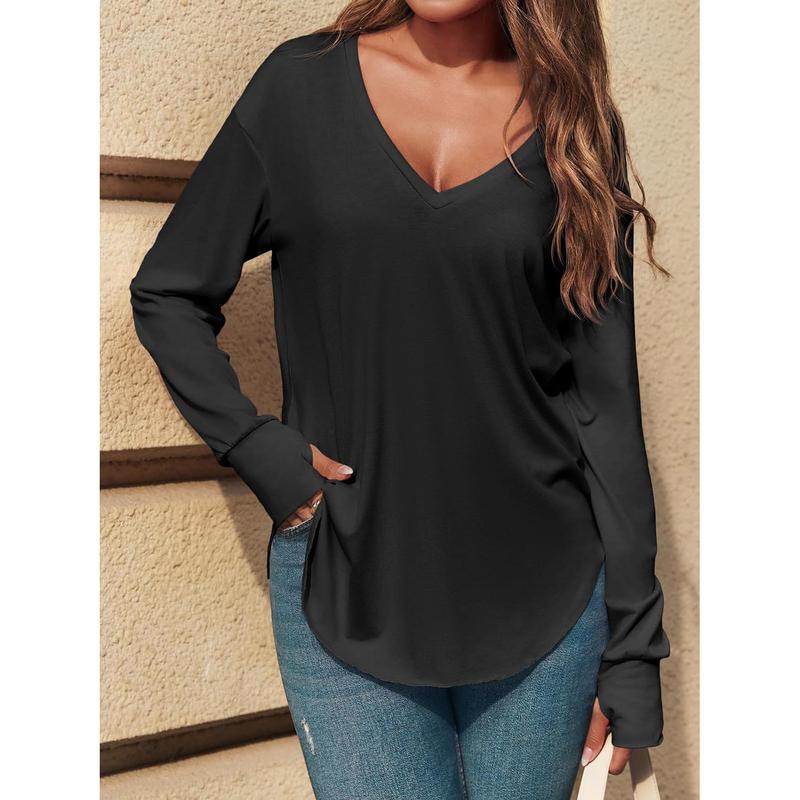 Imily Bela Womens Deep V Neck Tunic Tops Long Sleeve Oversized Casual Loose Fit Curved Hem T Shirts