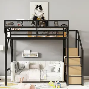 Full/ Queen Size Loft Bed with Stairs, Metal Loft Beds with Built-in Side Shelves and Wardrobe, Heavy Duty Full Size Loft Bed with Storage Steps & Open Closet, No Box Spring Needed, Black