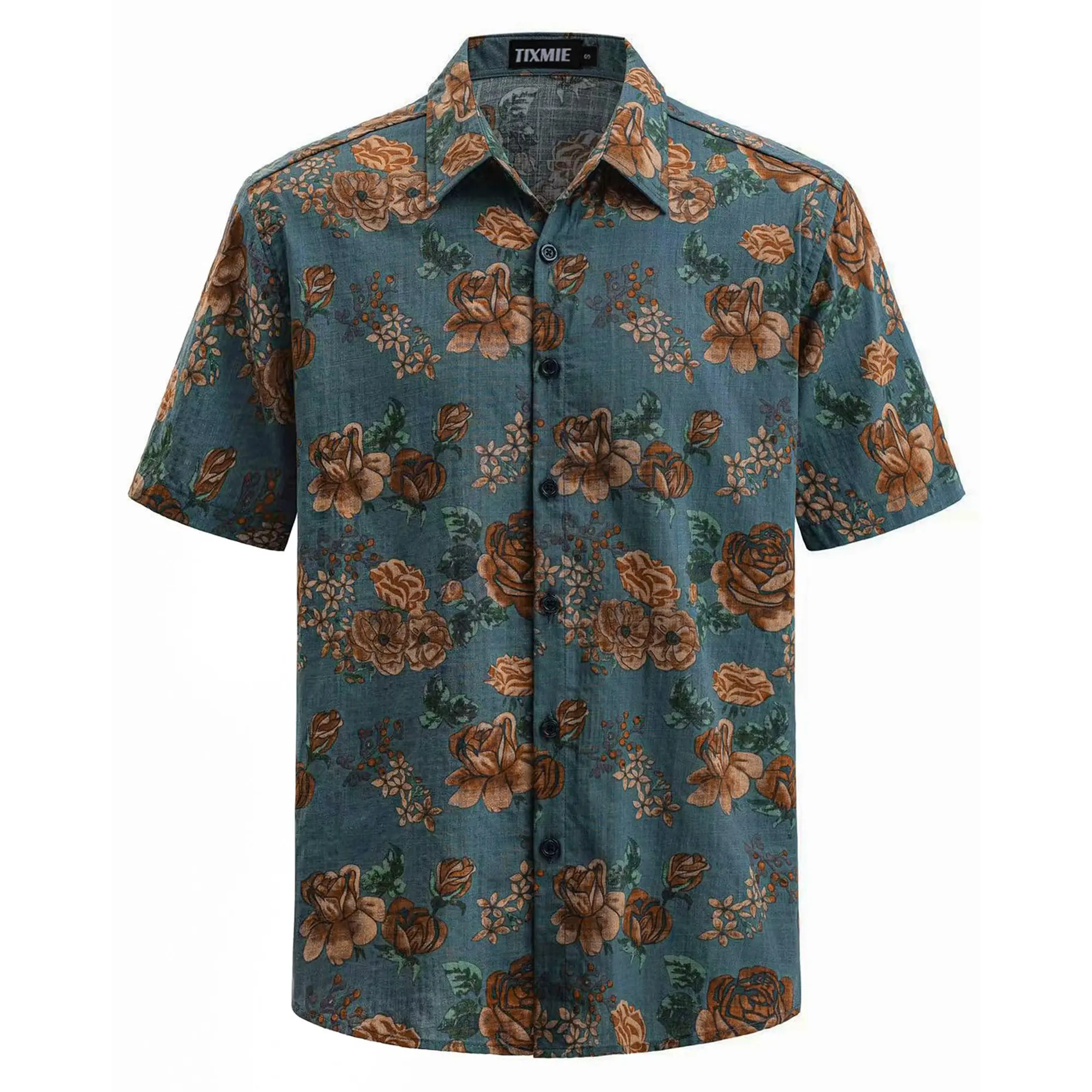 TIXMIE Mens Vintage Rose Floral Short Sleeve Shirt Retro Blue All Over Print Hawaiian Button Up Summer Vacation Casual Shirt,clothes for back to school,first day of school outfits