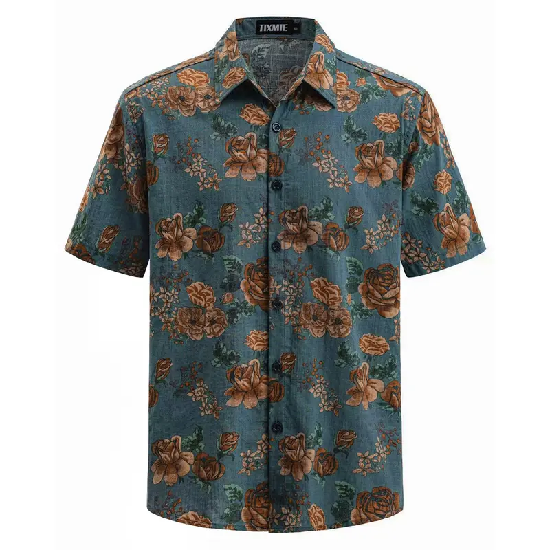 TIXMIE Men's Vintage Rose Floral Short Sleeve Hawaiian Button-Up Top - Retro Blue All-Over Print, Summer Vacation Party Casual Mens Shirt