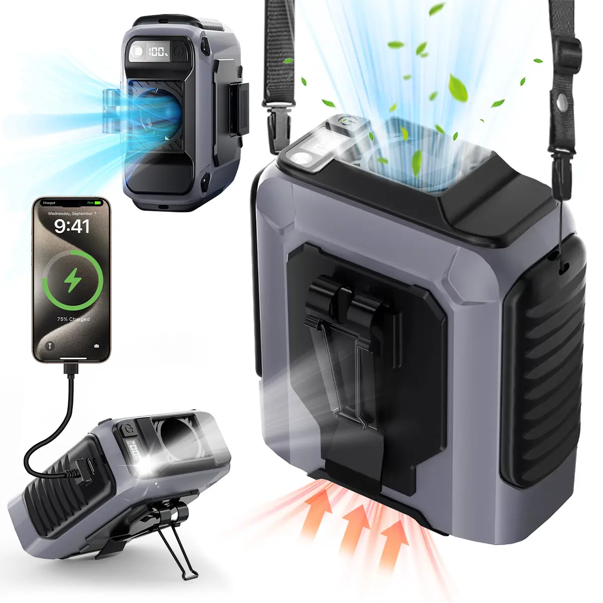 PADOX 5000mAh Power Bank Portable Rechargeable Fan with 5 Speeds & Flashlight, 5-in-1 Multi-Function Waist Clip Fan for Outdoor Camping Travel, Electronics Accessories #SummerWins #DealsForYouDays