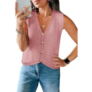 Saodimallsu Womens Sleeveless V Neck Sweater Vest Cropped Button Down Casual Loose Knit Summer Going Out Tops for Valentine's Day Collection Fashion Womenswear Beach Chic Elegant Elegant Everyday Outfits Spring Vneck Basic Minimalist