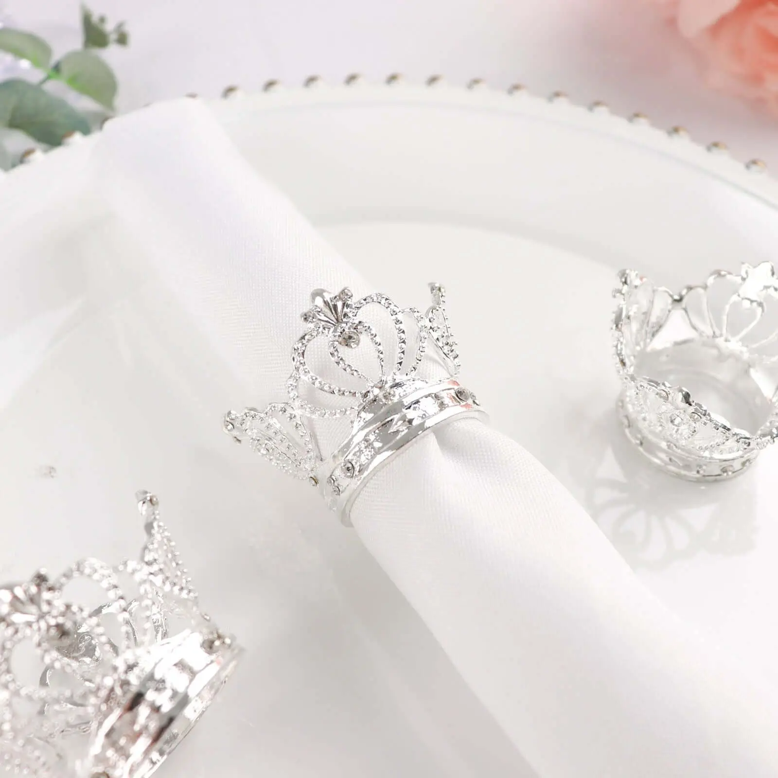 4-Pack Silver Metal Rhinestone Napkin Rings - Royal Bling Napkin Holders for Tableware, Cutlery