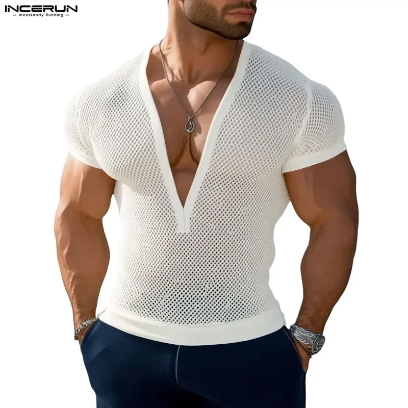INCERUN Men's Fishnet Mesh Tshirt, See-Through Muscle-Fit Short-Sleeve Streetwear Fashion for Raves & Pride Events, Menswear