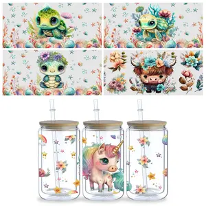 5 sheet animal UV transfer waterproof self-adhesive stickers for mugs water bottles, DTF transfer stickers for 16 oz glass jar packaging, 3d crystal labels waterproof and scratch-proof, DIY packaging transfer stickers glass cup stickers bottle stickers