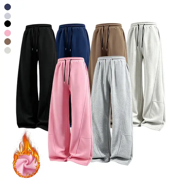 Men’s wide-leg sweatpants with stitching details and drawstring design, street-style long pants, men’s solid-color fleece-lined warm sweatpants, loose oversized long pants, men’s everyday bottoms, back-to-school season styles, new for Fall 2026.