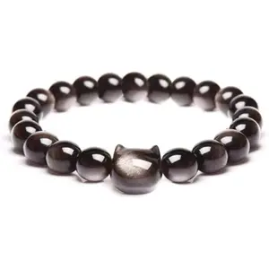 Black Obsidian Cat Bracelet for Women - Stretch Beaded Bracelet with Lucky Cat Charm, Gift for Her