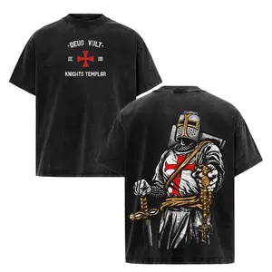 Deus Vult Knights Templar Washed T-Shirt, Crusader Cross Oversized Tee, Classic Street Style Badass Alternative Fashion Fans Bold edgy design for goth Harajuku Vintage Christian Warrior Shirt Shirt Tee  Christmas Holiday Birthday Funny Mens T Shirt
