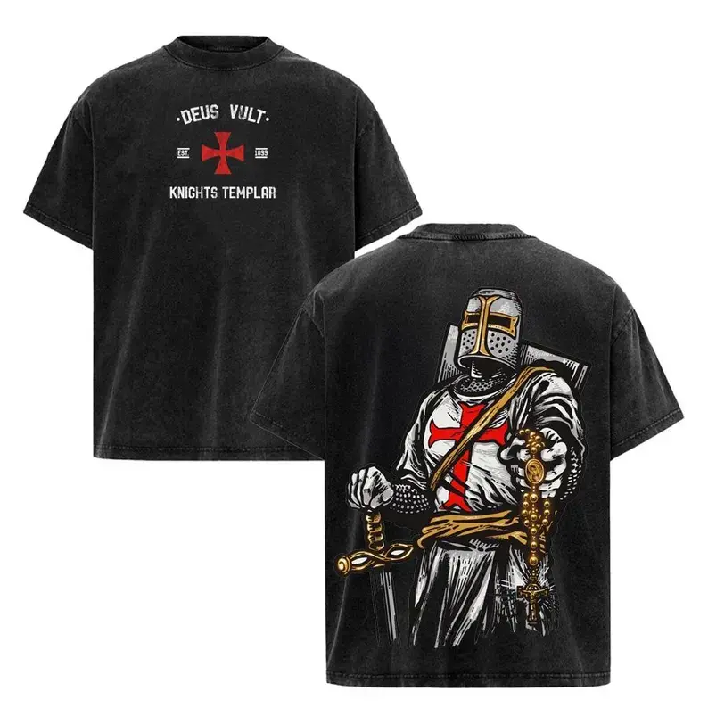Deus Vult Knights Templar Washed T-Shirt, Crusader Cross Oversized Tee, Classic Street Style Badass Alternative Fashion Fans Bold edgy design for goth Harajuku Vintage Christian Warrior Shirt Shirt Tee  Christmas Holiday Birthday Funny Mens T Shirt