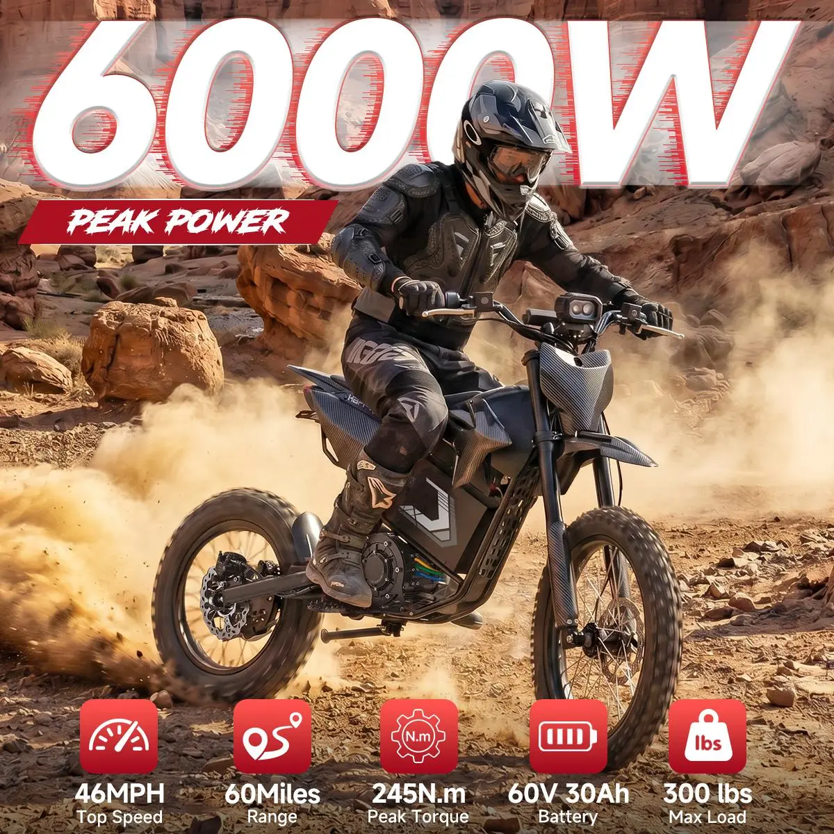 HappyRun F18 2.0 Electric Ebike - 6000W Peak Power, 245Nm High Torque, 46 MPH Top Speed, 60V 30Ah Removable Battery, 60-Mile Range, 17" Tires  Dual Hydraulics Brakes, Full Susp. Mountain Ebike