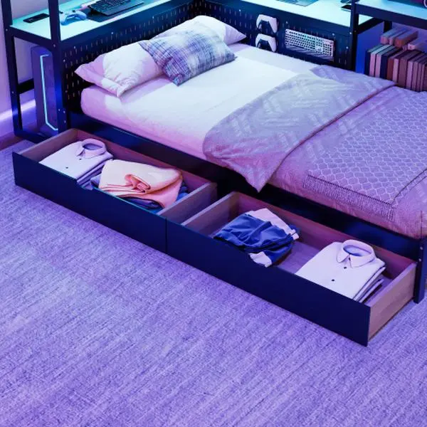 Bellemave Black+Red MDF Twin Size Glam LED Light Gaming Daybed - Heavy-Duty Modern Frame, Integrated Desk, 3 Drawers, USB Port, Multi-Functional Headboard Bookcase, Smart Storage, Immersive Gaming Atmosphere, 93.6x57.1x53.1in, Assembly Required