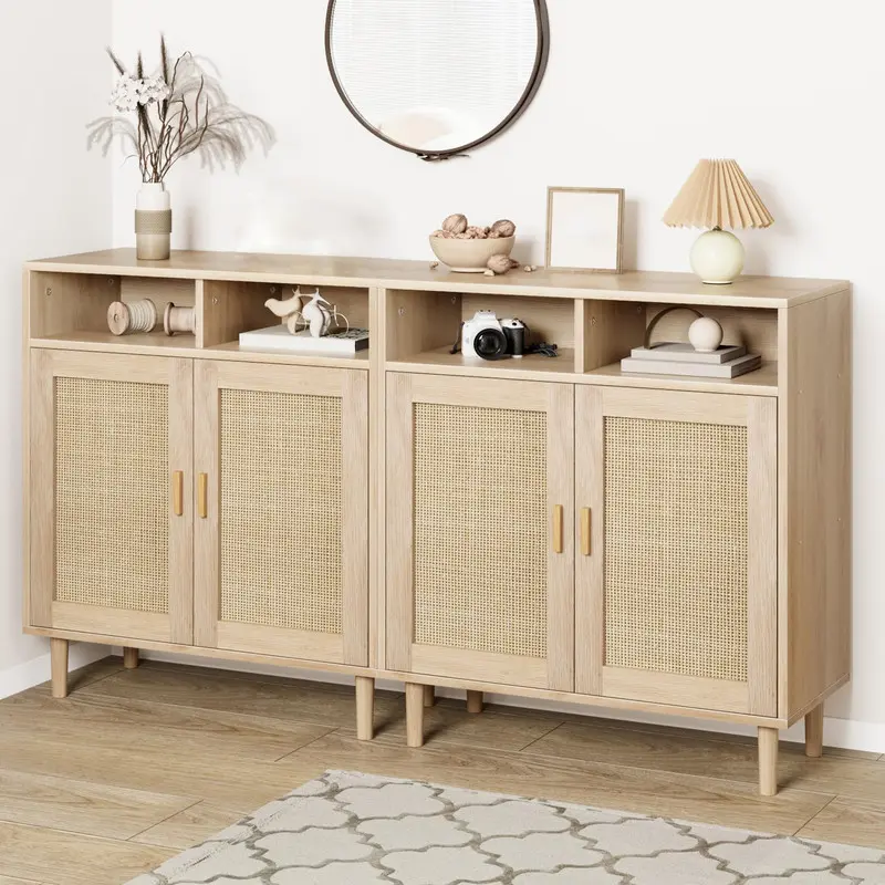 【Christmas Gift】Beige/Khaki 2PCS Rattan Buffet Cabinet with Storage,2 Door Kitchen Storage Cabinet with Shelves, Wood Sideboard Cabinet for Kitchen,Shoe Cabinet Storage for Entryway Living Room Dining Room Bedroom
