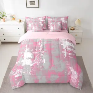 Abstract Comforter Set 7 Pieces Modern Abstract Art Bedding Set Pink White Bed in a Bag with Comforter,Sheets,Pillowcases,Cushion Covers Luxury Bedroom Decor Geometric