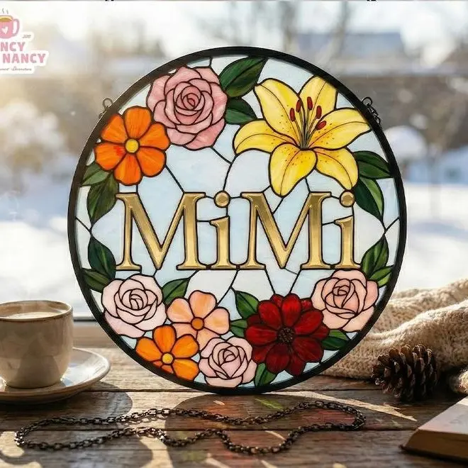 Personalized Mimi Stained Glass Suncatcher, Custom Floral Name Window Hanging Decor, Mother’s Day Gift for Grandma, Nana Gigi Keepsake, Aesthetic Home
