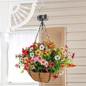 Solar Flower Basket Lights, Beautiful Artificial Flowers, Solar Powered RGB String Lights Free Adjustable Decoration, Outdoor Flower Basket Hanging Plants for Yard, Lawn, Garden Decoration
