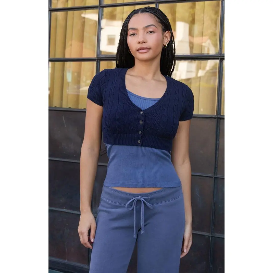 John Galt Women's Blue Cable Knit Short Sleeve Cropped Cardigan