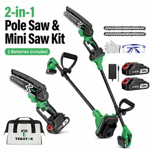 2-in-1 Cordless Pole Saw & Mini Chainsaw Kit, 20V Brushless 6-Inch Pruning Saw with 2 Batteries, Extendable Pole, 180° Adjustable Head for Tree Branch Cutting