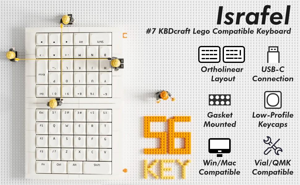 KBDcraft 07Israfel 56-Key Ortho Ergo-Split Low-Profile Mechanical Keyboard, Lego-Compatible Case, Wired, Linear Switch, Gasket Mount, Hot-Swappable, RGB, QMK, Vial for Win/Mac, White