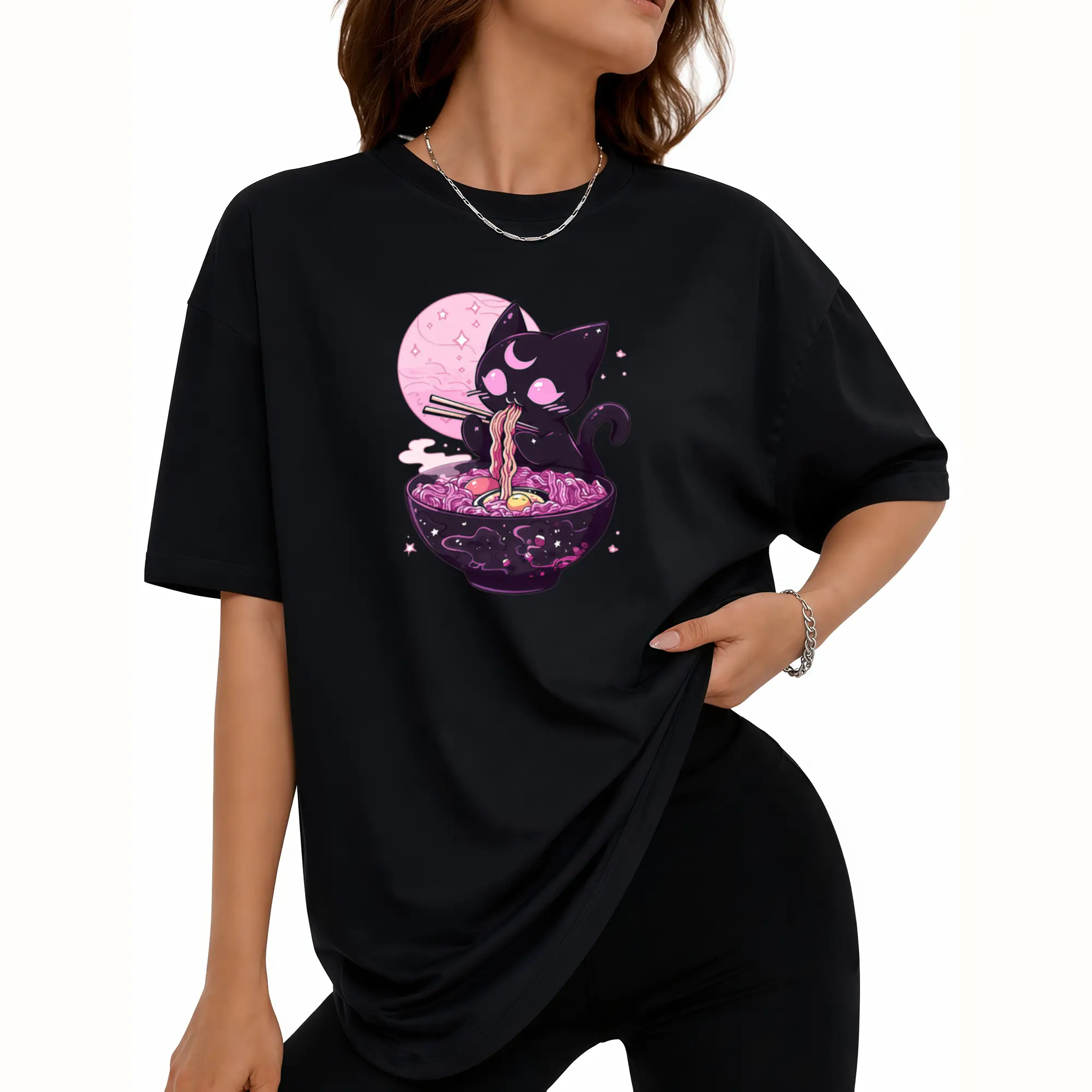 Kawaii Black Cat Ramen Moon Graphic Oversized Crewneck T Shirt Women Cute Anime Style Loose Fit Short Sleeve Casual Streetwear Summer Outfit tshirt
