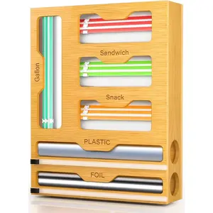 Bag Organizer and Plastic Wrap Dispenser with Cutter, 6 In 1 Bamboo Foil and Plastic Wrap Organizer for Kitchen Drawer, Food Storage Bag Organizer for Gallon,Quart,Sandwich,Snack(Yellow)