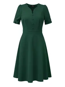 INSPIRE CHIC Elegant Puff Sleeve Dress Casual Fabric V Neck A-Line Office Work Dresses