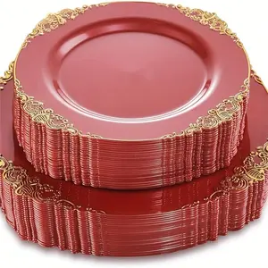 50PCS Red Plastic Plates - Disposable Gold Plastic Plates Include 25PCS 7.5 Inch Red Dessert Plates & 25PCS 10.25 Inch Red Dinner Plates for Christmas & Party & Wedding & Mother's Day