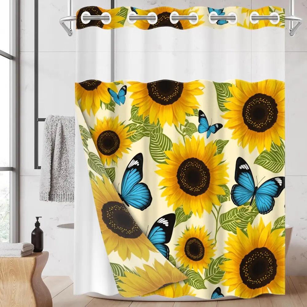 1pc hookless shower curtain, Bathroom curtain, with buckle lining, yellow and blue sunflower butterfly design 2D print, waterproof lining with see-through window double layer, 71 x 74 inches, home curtain decoration