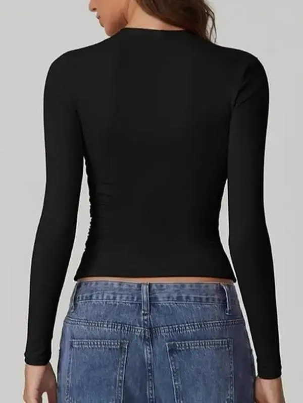 QINSEN Womens Square Neck Long Sleeve Tops Double Lined Slim Fit Going Out Tee Shirt Crop Top