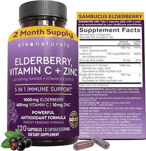 Vivaa Natureals Elderberry with Vitamin C and Zinc for Adults - 5 in 1 Sambucus Black Elderberry Capsules with Vitamin D3 5000 IU, Elderberries Immune Support Supplement 2 Months Supply Pills