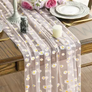 Floral Tulle Table Runner with Bright Daisy Pattern - Durable Polyester Rectangular Holiday Decor Suitable for Easter, Mother's Day, Weddings, Birthdays, etc. - Available in Multiple Colors, Seasonal Home Accent, Washable Fabric, Party Decor
