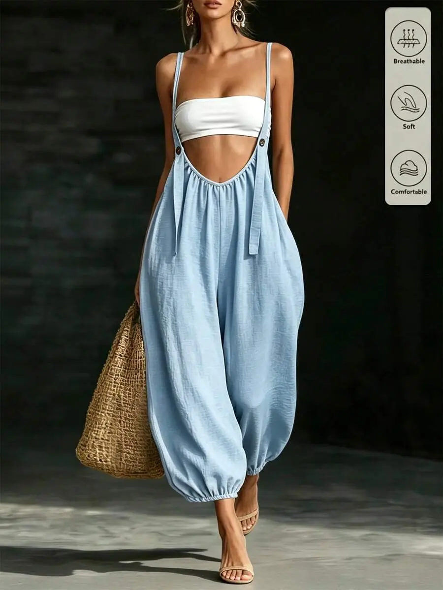 Women's Summer Khaki Jumpsuit Casual Loose Fit Beach Vacation Outfit Everyday Wear Trendy Streetwear