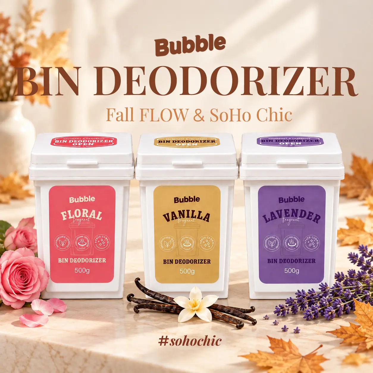 Bubble Trash Bin Odor Neutralizer - Breaks Down Odors at Source, Minerals Absorb Liquid & Moisture, Non-Toxic, Lasting Plant-Based Scent, Suitable for indoor and outdoor use, Mini Bin with 2 Pour Holes, Bin Deodorizer, 500g Each