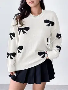 Autumn Winter New Bowknot Jacquard Knit Sweater, European Style Round Neck Loose Pullover, Fashionable Multi-Scene Wear