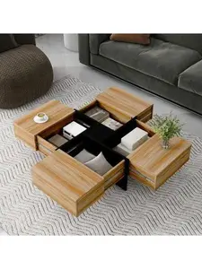 ON-TREND Unique Design Coffee Table with 4 Hidden Storage Compartments Square Cocktail Table Extendable Sliding Top UV High-gloss Center Table for Living Room 31.5"x 31.5" Brown Particle Board Soft Close Drawers