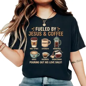 Fueled by Jesus and Coffee T-Shirt - Christian Faith Graphic Tee for Men and Women, Inspirational Religious Coffee Lover Gift, Vintage Short Sleeve Casual  Shirt, Spiritual Scriptural Apparel