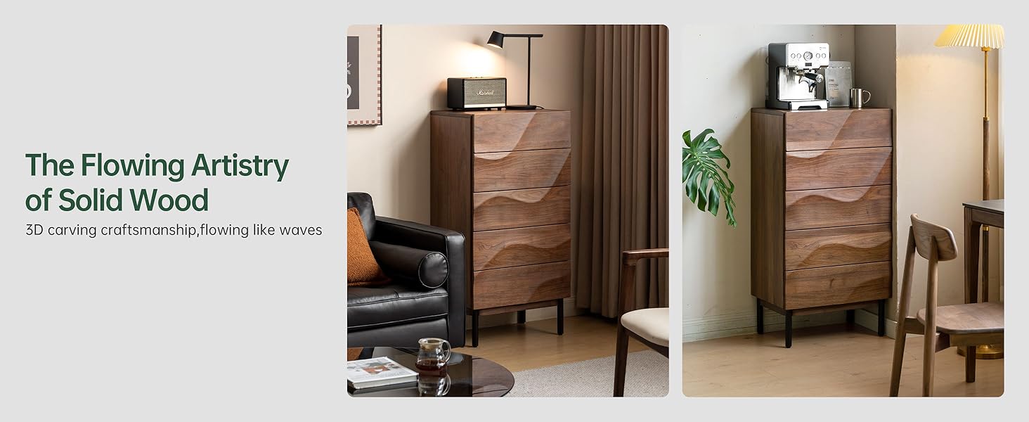 YESWOOD Solid Walnut Nightstand, 5 Drawer Bedside Table for Bedroom, Solid Wood nightstand with Drawers, Modern Night Stand for Living Room, Hallway, Closet(Black Walnut, 43" H)