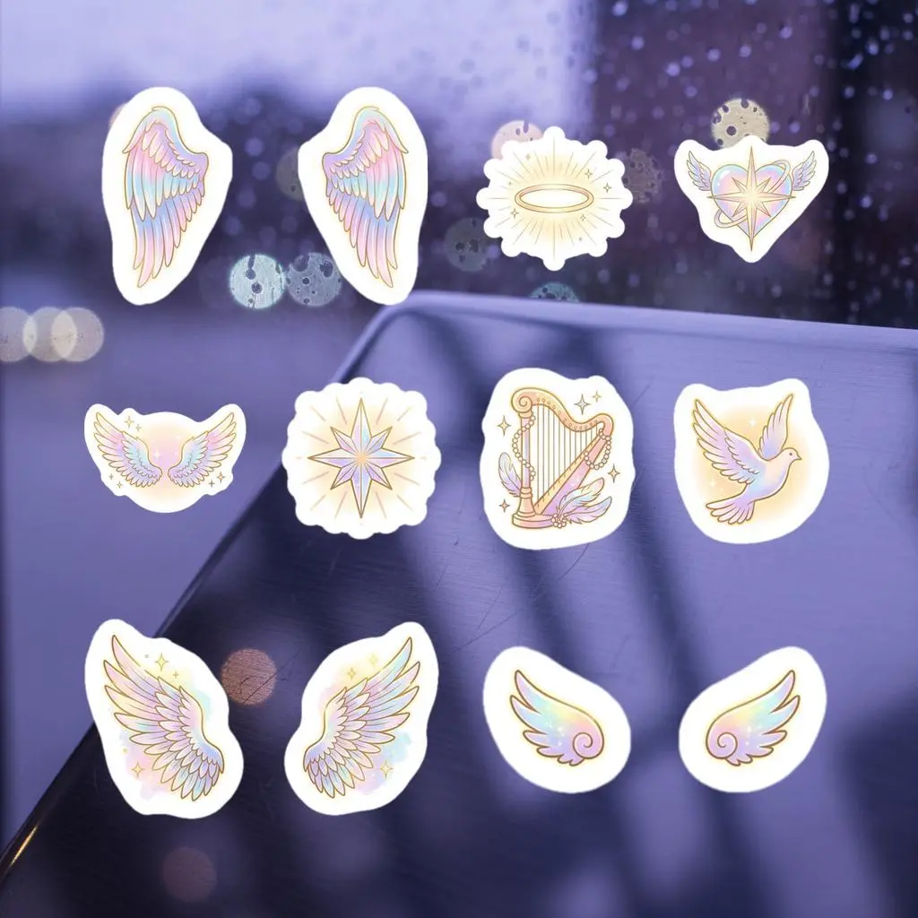 12 Pack Angelcore Cherub Stickers, Iridescent Pastel Wings Harp Decals
