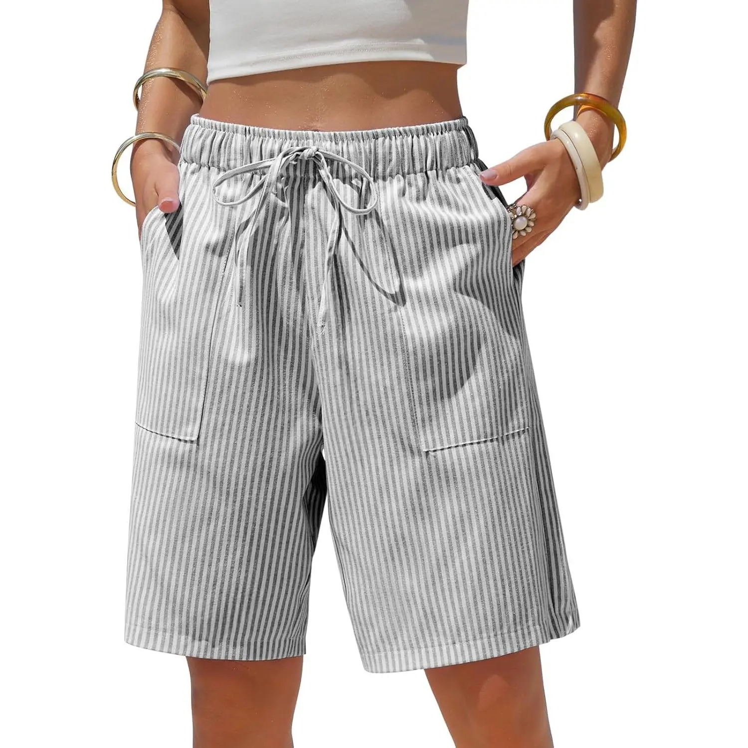 Women Cotton Linen Bermuda Shorts Summer Striped Long Shorts Pockets | Drawstring Elastic Waist, Loose Fit, Casual Shorts, Women's Shorts, Lounge Shorts, Athletic, Beach Vacation, Travel Airport