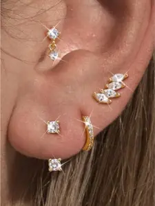 Sparkling 4 Pairs Golden Cute Stud Earrings Chunky Hypoallergenic Huggie Hoop Surgical Steel Copper Earrings for Women Men Tragus Helix Piercing Jewelry Cartilage Earring Set for Multiple Piercings Studs Earrings