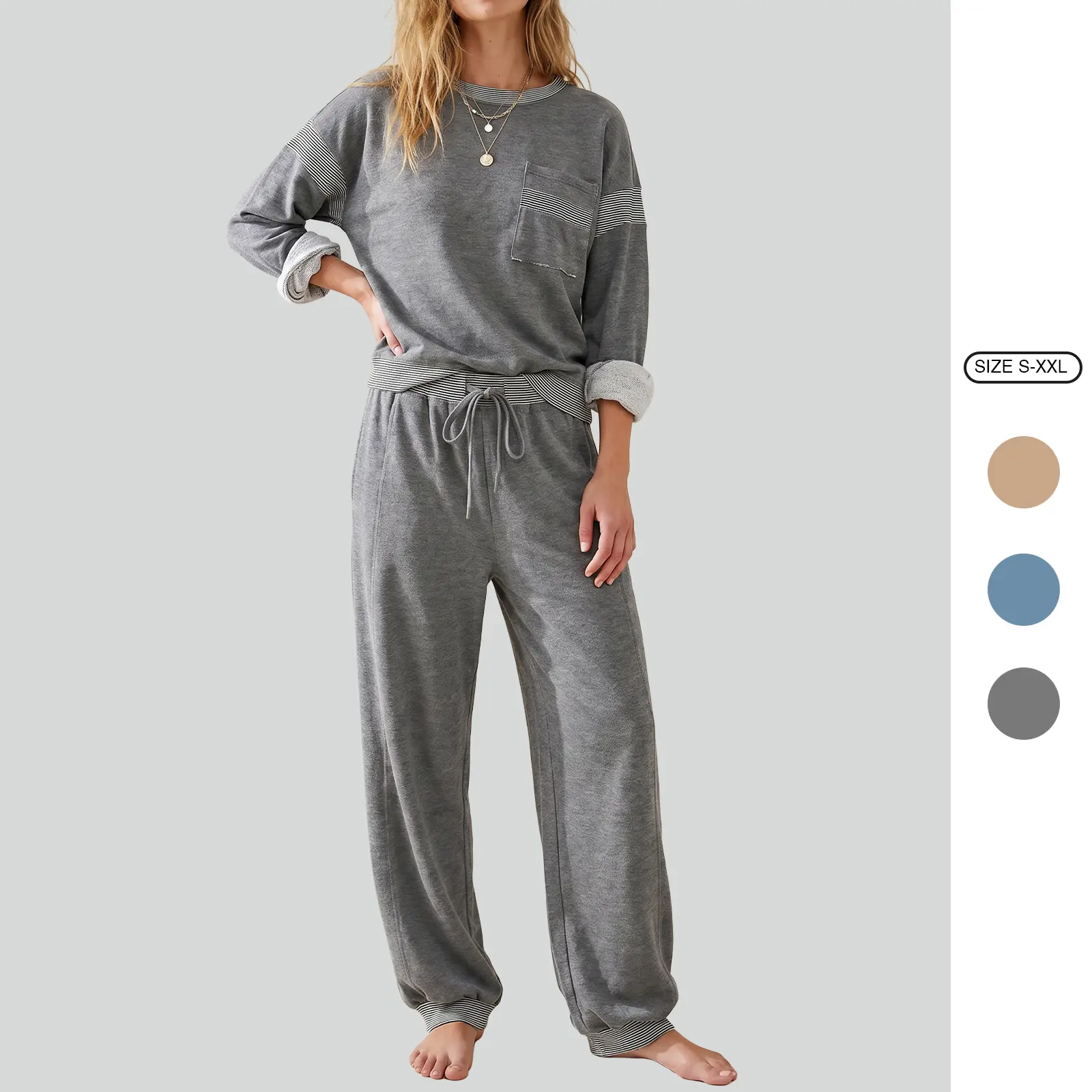 Imily Bela Womens Striped Trim Loungewear Set Long Sleeve Crew Neck Top with Pocket Drawstring Jogger Pants Soft Cozy Pajama Set for Sleepwear